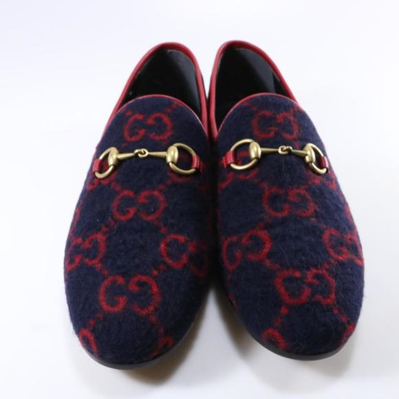 Jordaan GG Print Horsebit Classic Wool Navy Red Flannel Loafers D096 - Picture 6 of 12